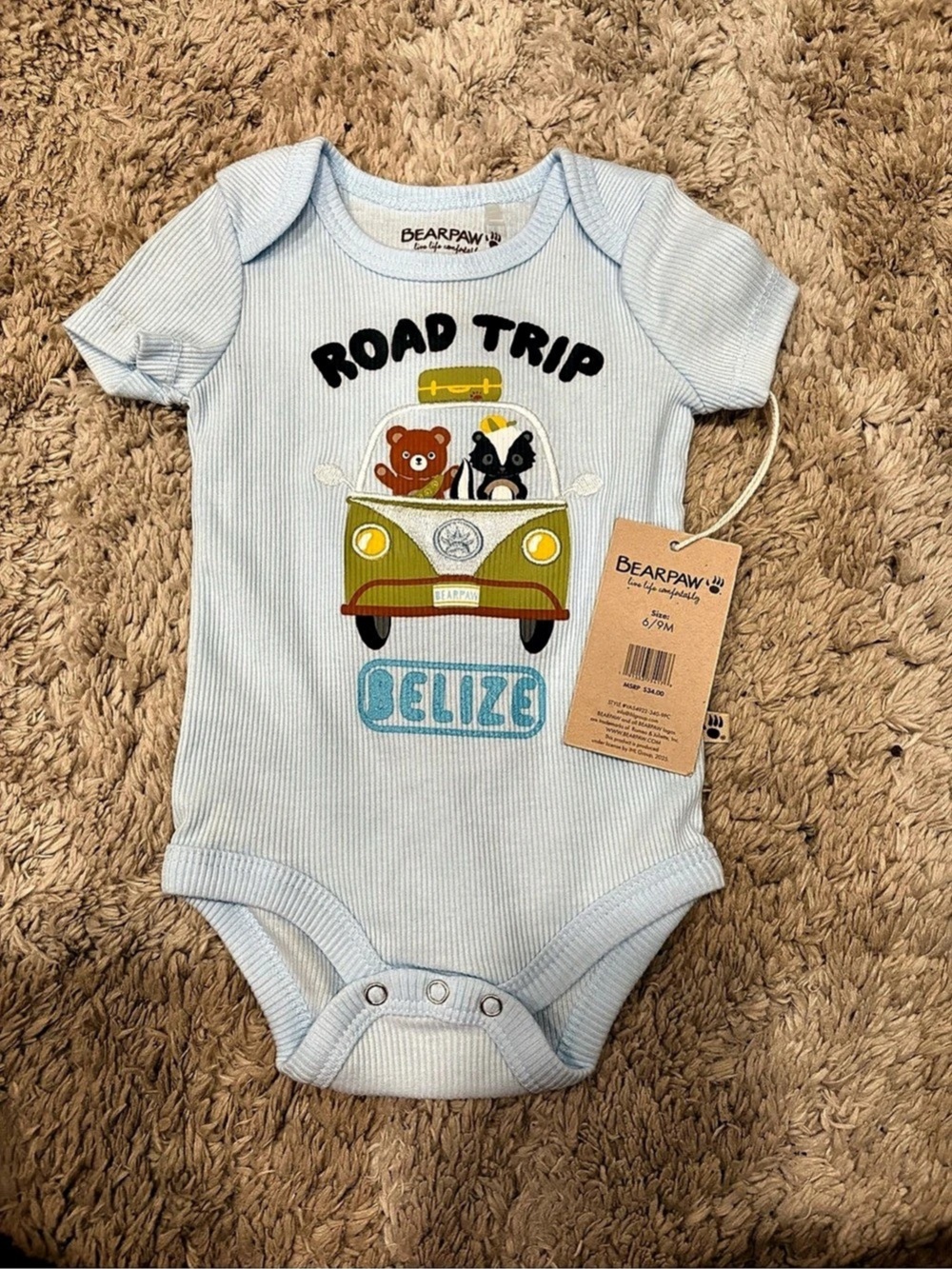 Bearpaw Road Trip Belize Graphic Onesie Baby Blue Road Trip Bodysuit 6M NWT